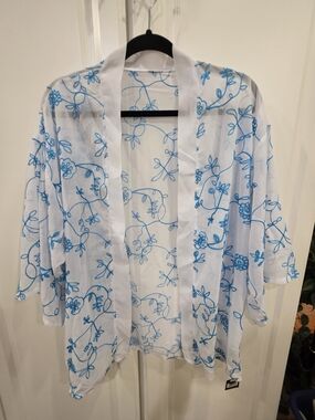 White Kimono Cardigan with Blue Floral Stitching